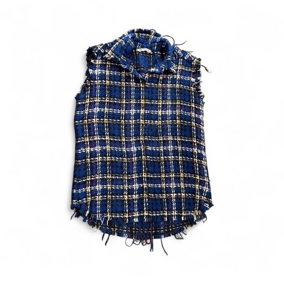 Zara Blue Plaid Sleeveless Vest Top Fringe Hem Size XL - Picture 1 of 2